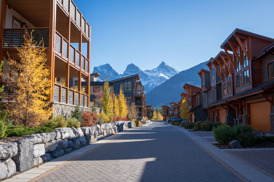 Walking Trail In Residential Area. Town Of Canmore Street View In Fall Season. Alberta, Canada.