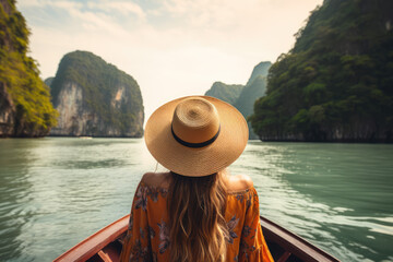 Young woman in hat and orange dress traveling on a longtail boat in Halong bay, Vietnam