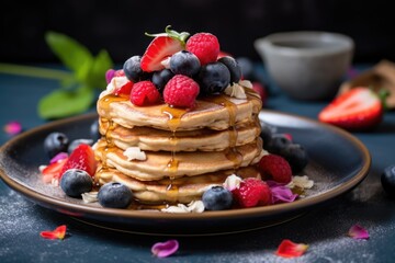 a plate of pancakes with berry and sweet syrup