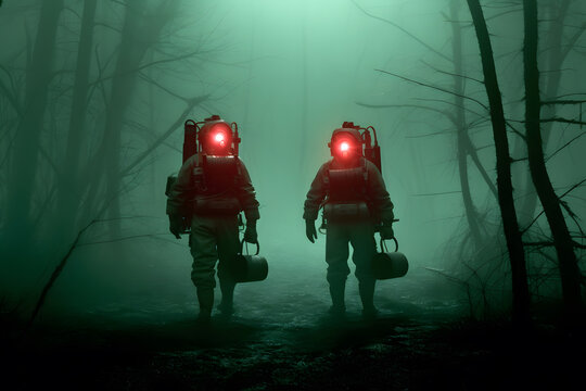 Soldiers in gas masks in the forest. Post-apocalyptic concept. Neural network AI generated art