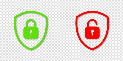 Green lock and red unlock padlock with shiled icons. Vector clipart illustration on a transparent background. For web site or mobile app about security information.