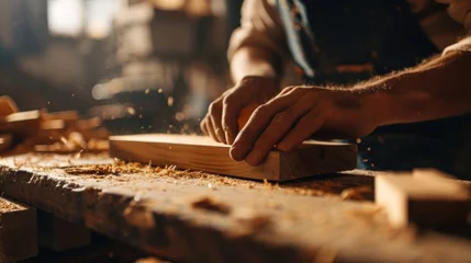 Rolgordijnen man owner a small furniture business is preparing wood for production. carpenter male is adjust wood to the desired size. architect, designer, Built-in, professional wood, craftsman, workshop. © pinkrabbit