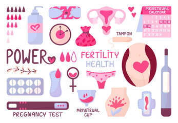 Female period calendar and hygiene elements. Gynecology and fertility, clock of woman health. Menstruation, decorative menstrual neoteric vector set - obrazy, fototapety, plakaty