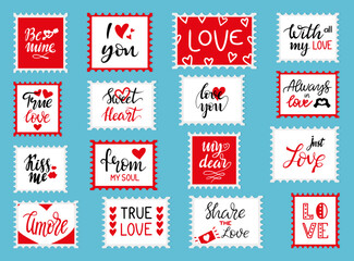 Love mail stamps for romantic cards and envelopes design. Saint valentine day, marriage or dating decor. Lettering stickers neoteric vector set