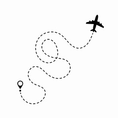 Travel concept. Dotted path airplane. Aircraft tracking. Airplane route plane path. Vector illustration on a isolated white background.