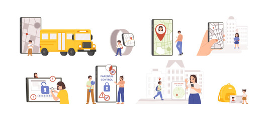 Parental control and children safety technologies. Kids safety rules in internet and on street, gps tracker for parent and school card, snugly vector scenes