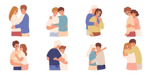 Teens hugging. Friend, siblings and couples hug, embracing different people. Young adults and teenagers cuddling. Care and support, love snugly vector set