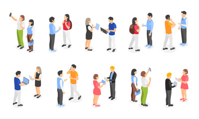 Isometric people communication and using gadgets. Isolated casual and business characters, talking and working with laptop, flawless vector collection