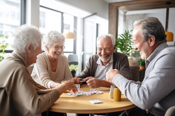 elderly people in the nursing home are play card games. Happy old age concept - obrazy, fototapety, plakaty