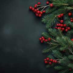 christmas background with fir branches, presents, decoration, free space for text