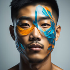 Model mit orange und blauer Maske