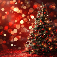 Obraz premium Christmas background with xmas tree and sparkle bokeh lights on red canvas background. Merry christmas card. Winter holiday theme. Happy New Year. Space for text