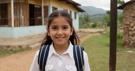 In a rural Latin American village, a happy child stands with a backpack, eager to learn.