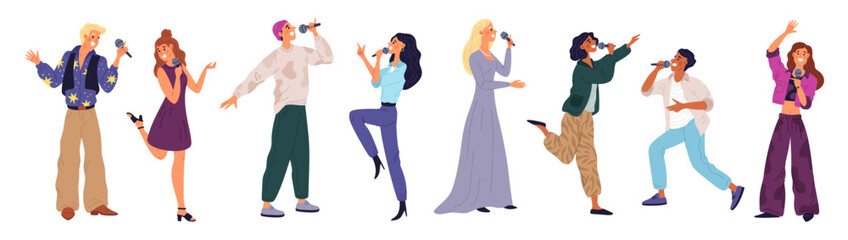 Cartoon people karaoke. Happy singer characters with microphones. Amateur vocalists performing songs. Talented men and women. Musical band. Disco fun. Musicians show. Garish vector set - obrazy, fototapety, plakaty