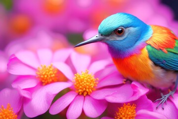 close up, cute bird made of rainbow colors, spring celebration, animals concept, generative ai
