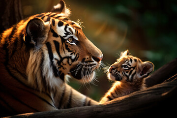 Tigress and tiger cub in the jungle, lovely moment.