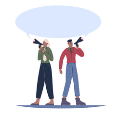 Man and woman shouting into megaphone. People with speech bubble. Promotion announcement. Public speakers message frame. Couple holding loudspeaker. Protest demonstration. Vector concept