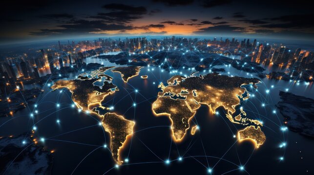 Global network connection concept. The earth shines at night