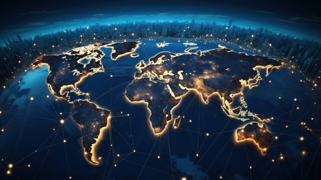 Global network connection concept. The earth shines at night