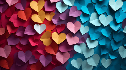 the background of a paper heart has hearts in different - obrazy, fototapety, plakaty
