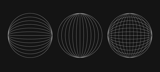 Abstract wireframes, cyberpunk elements and perspective white grids on a spheres. Psychedelic y2k shapes. Rave vector elements or trendy psychedelic signs. Surreal geometric retro futuristic set.