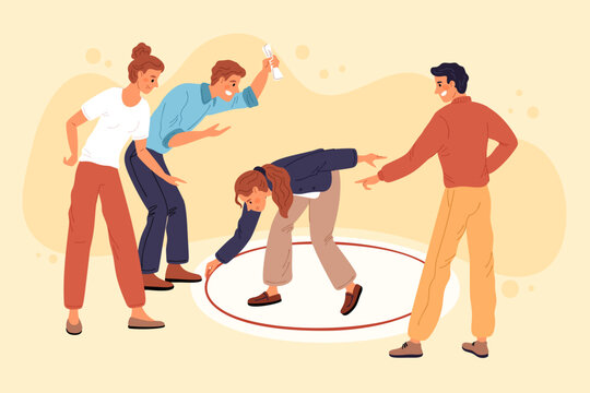 Personal boundaries violation. Private space protection. Girl drawing circle around herself with chalk. Avoid social conflict communication. Delineate borders. Garish vector concept