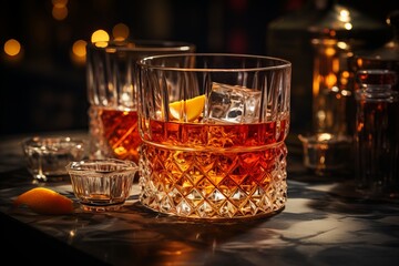 Sazerac cocktail. Whiskey or rum in bar glass with lemon. - obrazy, fototapety, plakaty