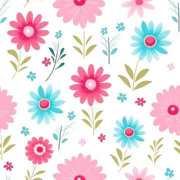 on white background, pink, neon green, sky blue cute flower seamless pattern © Thanthara