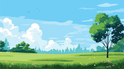 Obraz premium illustration green meadow with trees blue sky. Vector illustration 