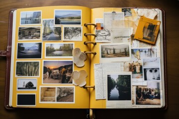 Photo of a traveler's notebook with polaroid photos. Generative AI