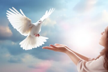 A white pigeon flies in the sky and human hand. Dove of peace. AI generative
