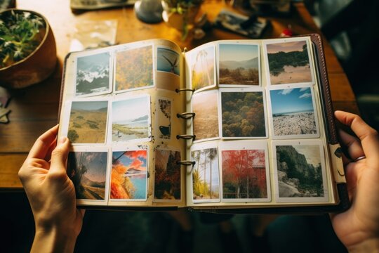 Photo of a traveler's notebook with polaroid photos. Generative AI