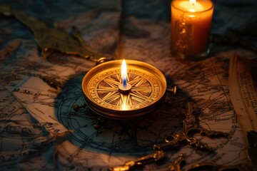 Fototapeta na wymiar Photo of a vintage compass next to a candle. Generative AI