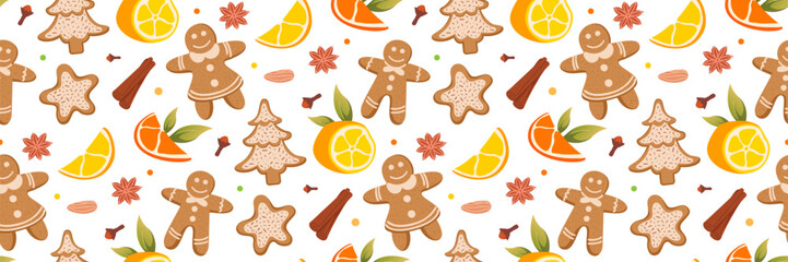 Christmas gingerbread cookies seamless pattern. Cookies, lemons and spices Pattern. Festive culinary background. Delicious winter pastries