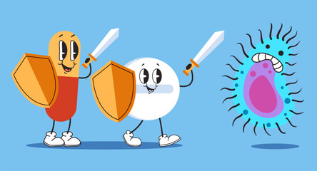 Pill medicine character fight germ virus concept. Vector flat graphic design illustration