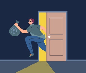 Thief character robber house by window door criminal concept. Vector flat graphic design illustration