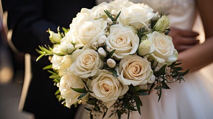 A Captivating Affair: The Timeless Union of Bride and Groom, Adorned with White Roses, Embarking on a Journey of Matrimonial Bliss, Sealed with Love and Eternal Commitment.
