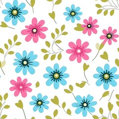 on white background, pink, neon green, sky blue cute flower seamless pattern