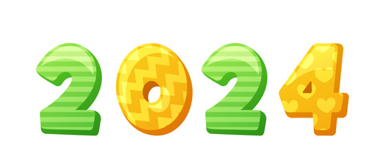 Number 2024 In Bubbly, Playful Cartoon Font. Two Thousand Twenty-four. Bright Colors, Friendly Curves, Vector