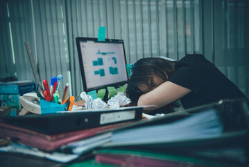 Asian office woman stress from work overload,She stressed because must send work At the specified time,Thailand people,Young secretary tired from boss about new project - obrazy, fototapety, plakaty