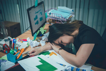 Asian office woman stress from work overload,She stressed because must send work At the specified time,Thailand people,Young secretary tired from boss about new project - obrazy, fototapety, plakaty