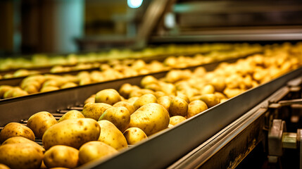 Potatoes on a conveyor belt in a modern factory. Selective focus