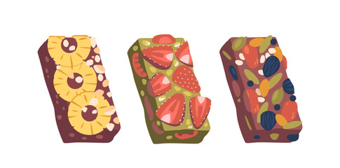 Fototapeta premium Vector Granola or Muesli Bar Snacks Made From Rolled Oats, Nuts, Seeds, And Sweeteners Like Honey Or Maple Syrup