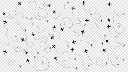 Travel concept from start point and dotted line tracing. Airplane or aeroplane routes path set. Aircraft tracking, plane path, travel, map pins, location pins. Vector illustration. Zigzag road - obrazy, fototapety, plakaty