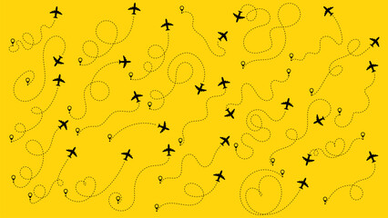 Aircraft tracking, plane path, travel, map pins, location pins. Airplane or aeroplane routes path set. Travel concept from start point and dotted line tracing. Vector illustration. Zigzag road