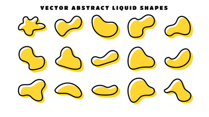 Outline blob shapes, fluid or liquid round abstract elements. Black and yellow simple blotch water forms. Flat vector illustration.