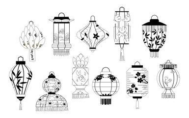 Asian Paper Lanterns Linear Icons Vector Set, Features Elegant And Traditional Designs, Capturing Cultural Celebrations