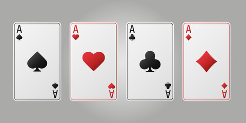 Hearts, spades, diamonds, clubs cards sign. Aces playing card suits set. Poker or casino, gambling concept. A winning poker hand. Template for casino or poker. Vector illustration.