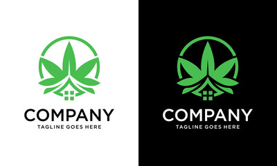 Creative leaf cannabis with house logo design, Green House Logo Template, House Leaf Logo, Cannabis Logo, Marijuana Green House - obrazy, fototapety, plakaty