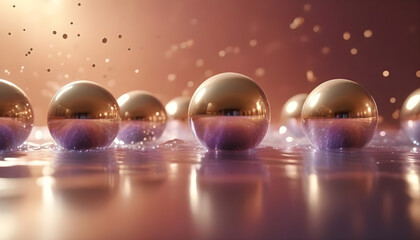 Abstract metallic spheres in fluid motion on Dreamy background.